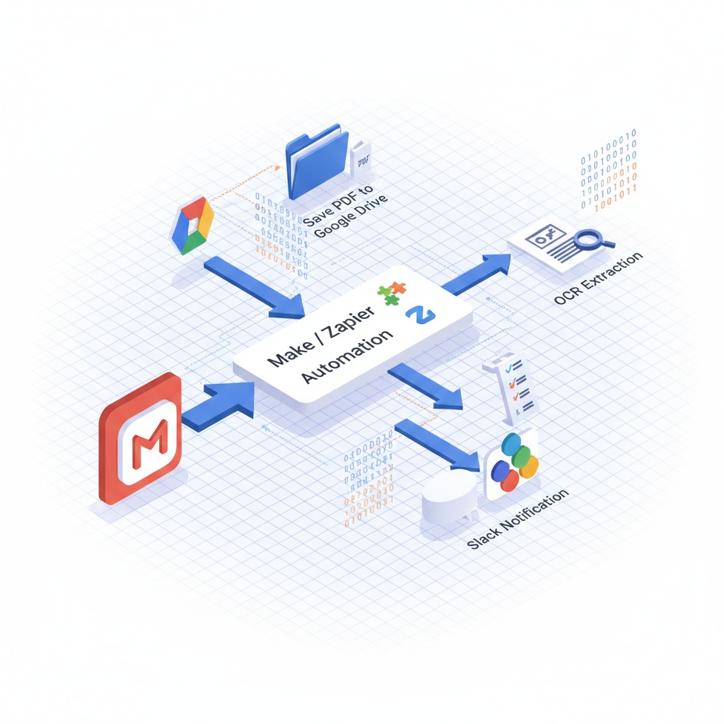 Automated email workflow diagram showing integration between Gmail, Make, Google Drive, Asana, and Slack for seamless productivity