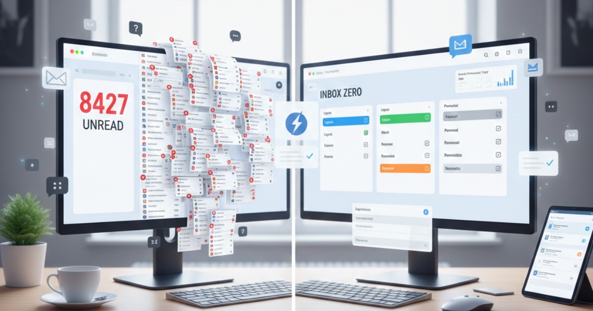 Modern email management dashboard showing organized inbox with productivity tools, smart filtering, and workflow automation reducing email overload