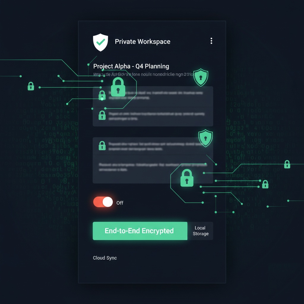 Productivity app interface highlighting local-first storage and encrypted sync features