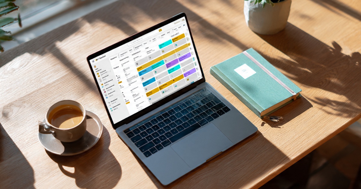 Modern desk setup showing laptop with multiple productivity apps including task manager, time tracker, and project management software on screen