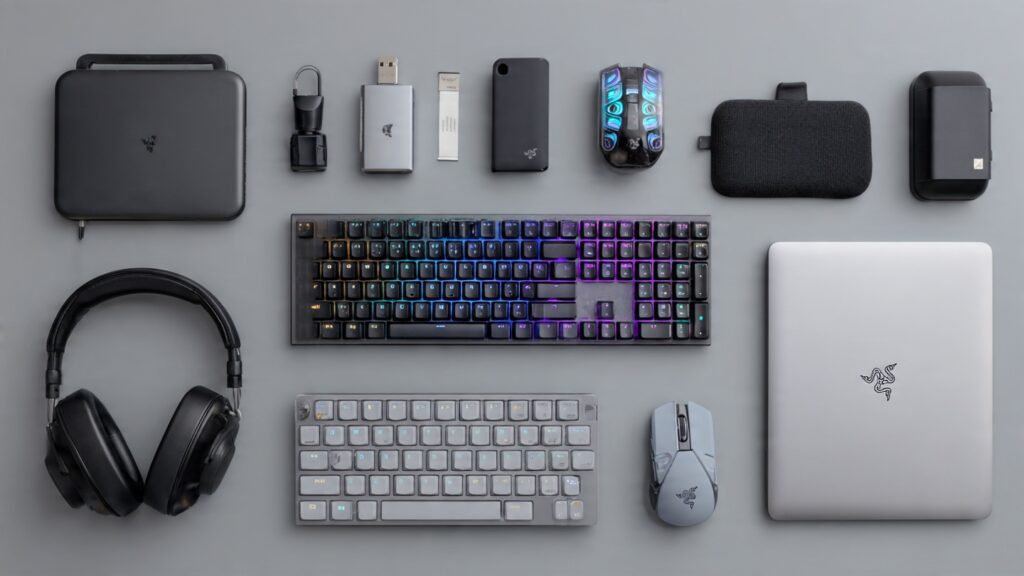 Flat lay of essential computer accessories including external hard drive, mechanical keyboard, gaming mouse, USB hub, laptop cooling pad, and wireless headset