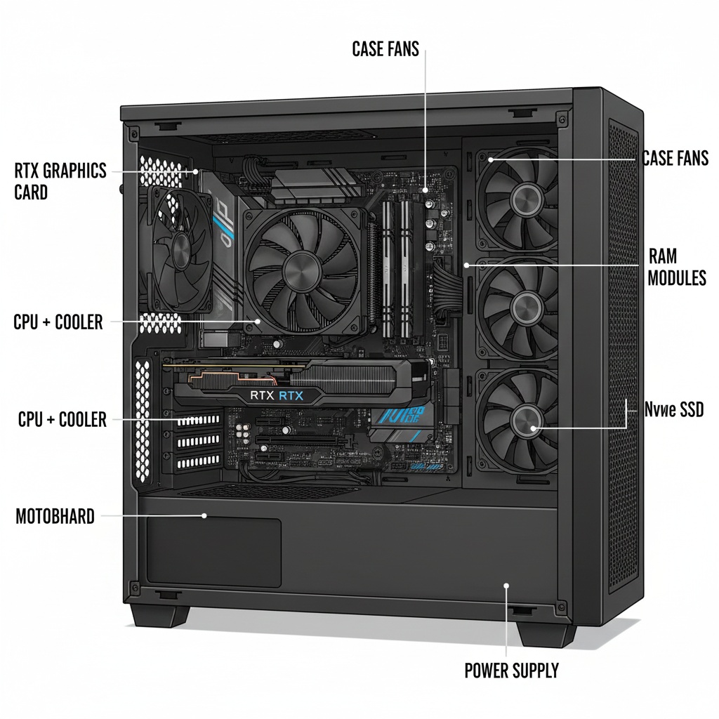 Gaming desktop internal components diagram showing labeled GPU, CPU cooler, RAM, motherboard, storage drives, and power supply