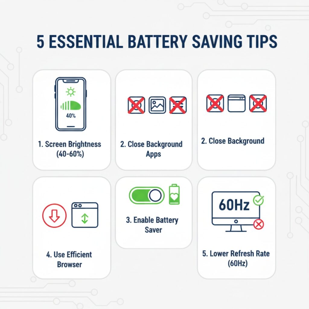 Illustrated guide showing five practical tips to maximize laptop battery performance including screen brightness, app management, and power settings
