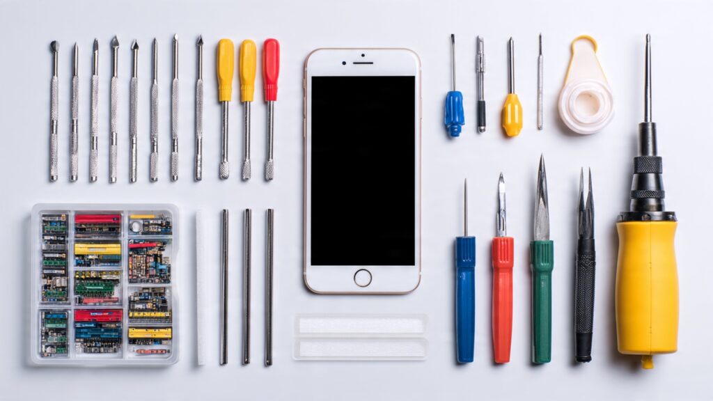 Complete set of smartphone repair tools including precision screwdrivers, plastic pry tools, suction cup, tweezers, heat gun and magnetic organizer mat arranged on white surface