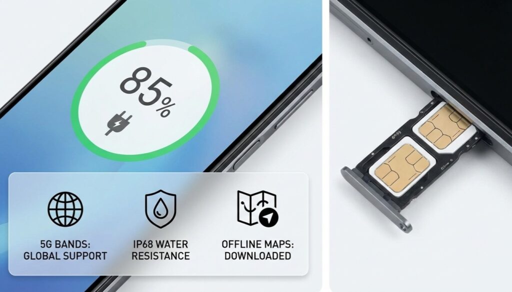 Smartphone displaying battery life indicator, dual SIM slots, and network signal icons representing international connectivity features