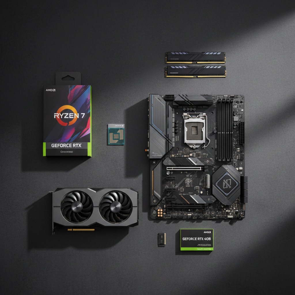 Video editing computer components including CPU, GPU, RAM modules, and NVMe SSD laid out on workspace