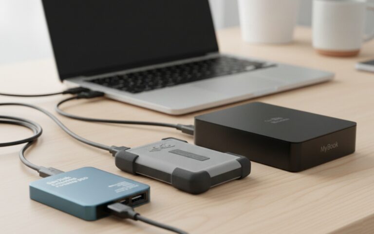 Various external hard drives including SSDs and HDDs displayed on a desk next to a laptop showing storage capacities and connection types