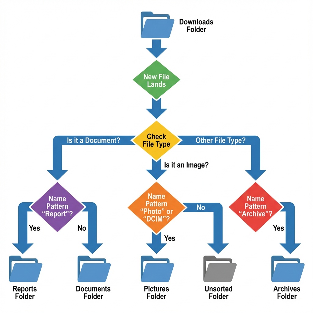 Flowchart showing automated file organization rules from download to sorted folders