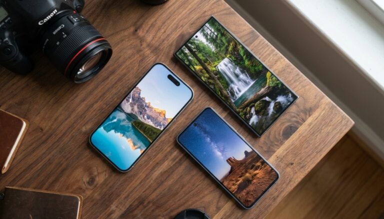 Three flagship smartphones displaying professional-quality photos on their screens arranged on a wooden desk with natural lighting