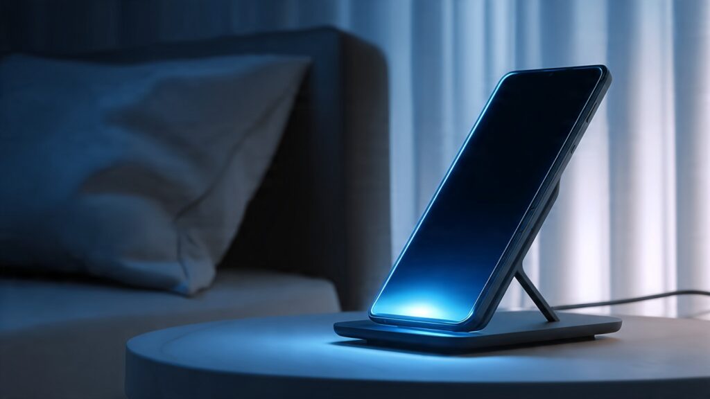 Foldable smartphone charging on wireless charging stand in folded position