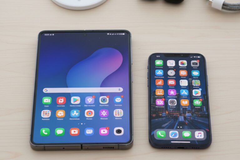 Side-by-side comparison of a foldable smartphone unfolded next to a traditional flagship smartphone on a desk with tech accessories