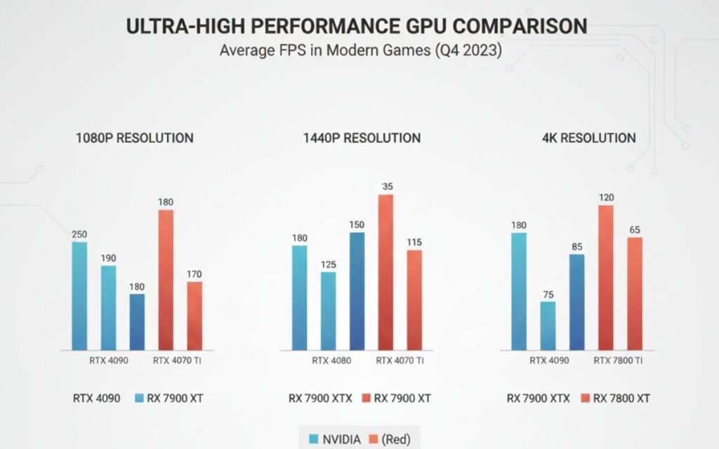 Bar chart comparing gaming performance of RTX 4090, 4080, 4070 and AMD equivalents at 1440p and 4K resolutions