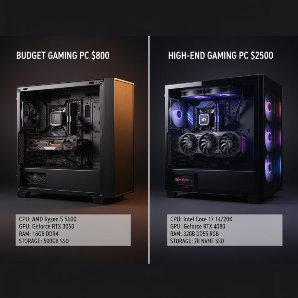 Side-by-side comparison of budget gaming desktop and high-end gaming desktop builds showing component specifications and performance differences