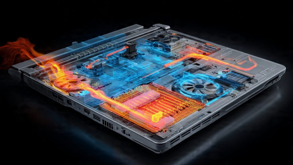 Cross-section view of gaming laptop cooling system showing heat pipes, fans, and thermal design for GPU and CPU