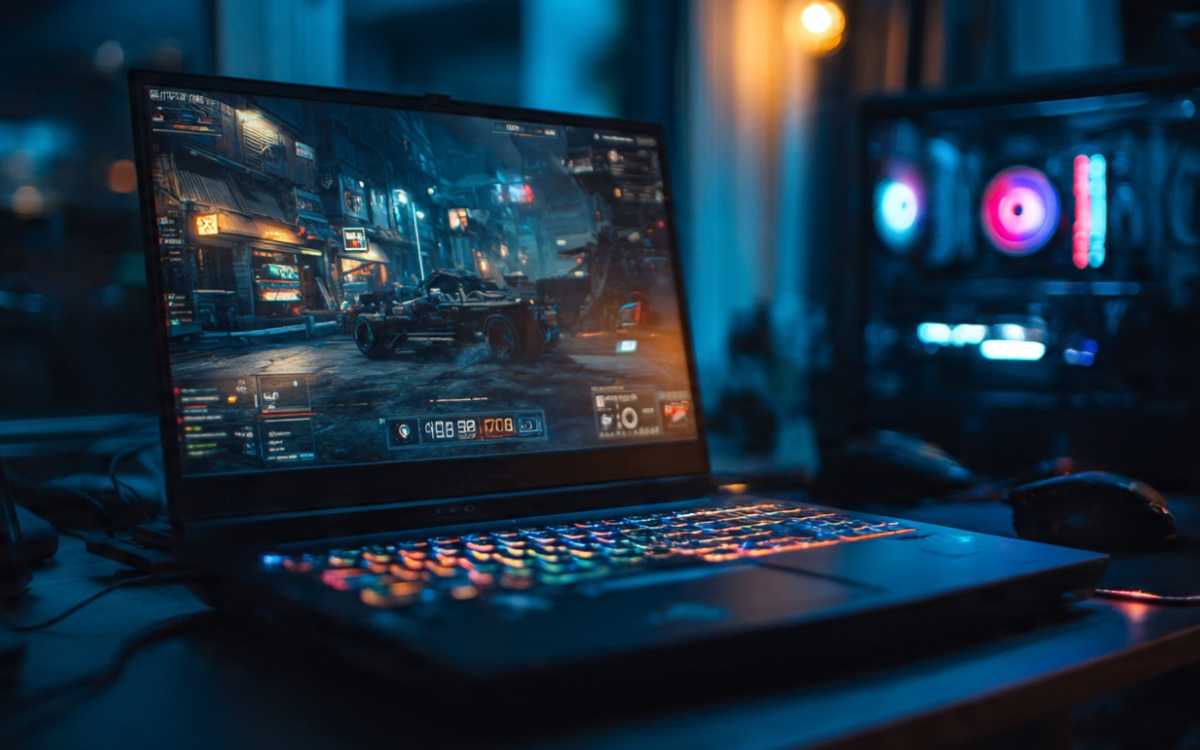 Modern gaming laptop with colorful RGB keyboard illuminated in dark room, showing gaming performance interface on screen