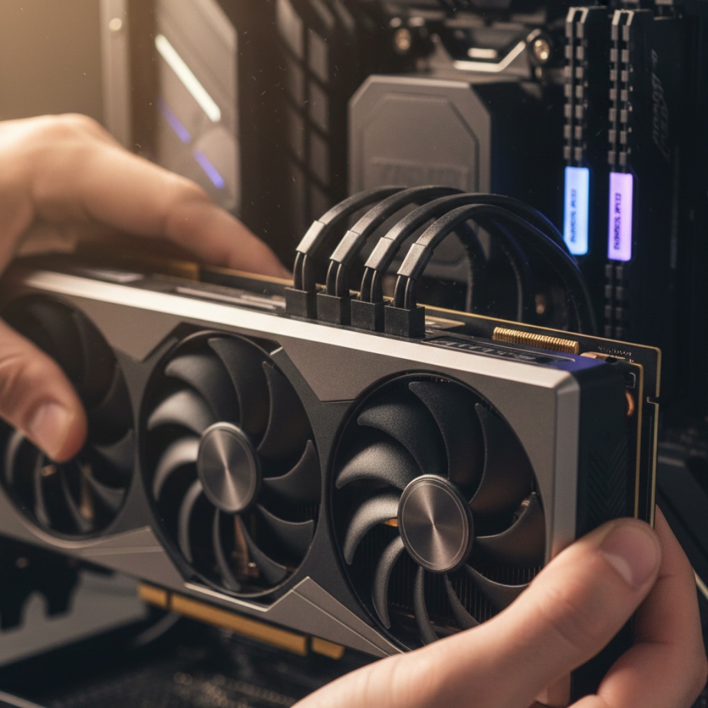Close-up photo of graphics card being installed into PCIe slot of gaming desktop motherboard with visible power connectors
