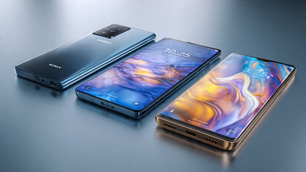 Side-by-side comparison of Sony Xperia, iPhone, and Samsung Galaxy showing their audio features