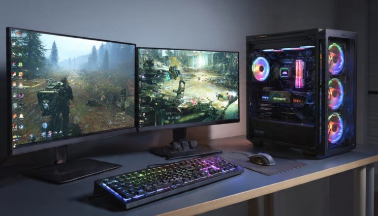 Modern gaming desktop with RGB lighting, multiple monitors, mechanical keyboard, and visible internal components including graphics card and cooling system