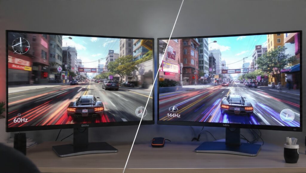 Side-by-side comparison showing difference between 60Hz and 144Hz gaming laptop displays during fast-paced gameplay