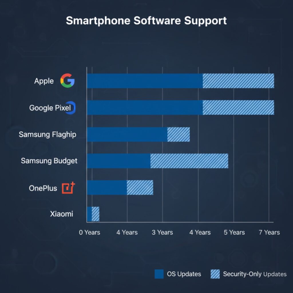Bar chart showing average software support duration in years for major smartphone manufacturers including Apple, Google, Samsung, and OnePlus