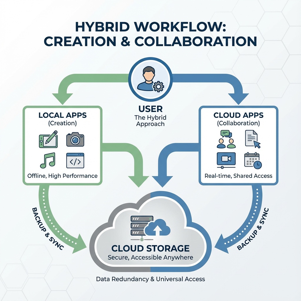 Flowchart showing integration between local apps, cloud storage, and backup systems