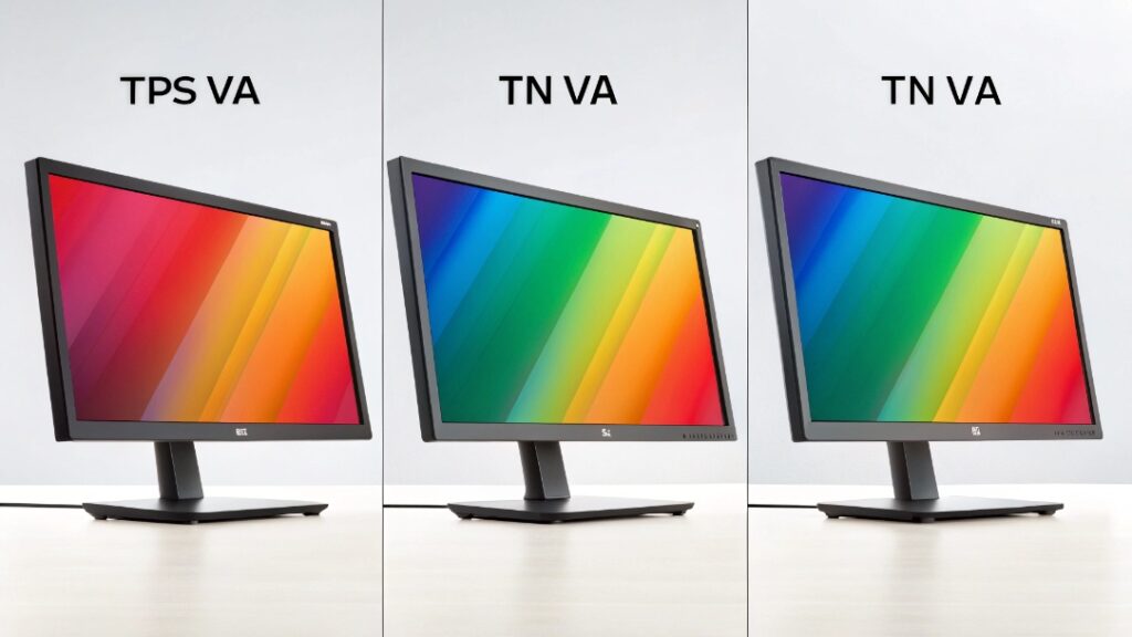 Side-by-side comparison of IPS, TN, and VA monitor panels showing viewing angles and color reproduction differences