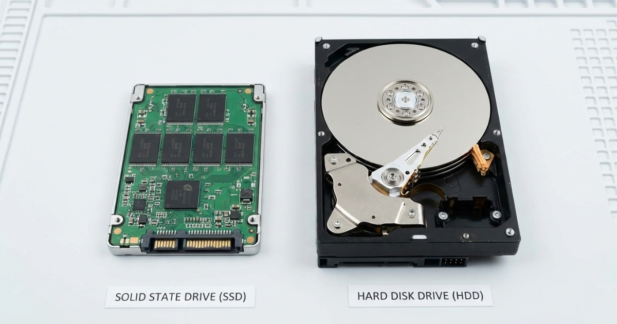 Side-by-side comparison showing internal components of SSD and traditional HDD with visible circuit boards and mechanical parts