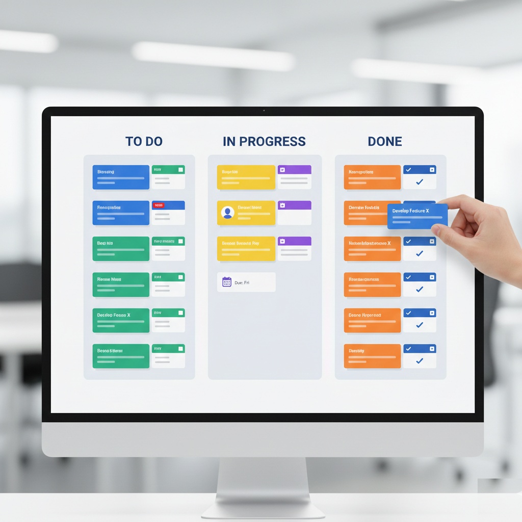 Kanban board showing task cards moving through workflow columns from to-do to done
