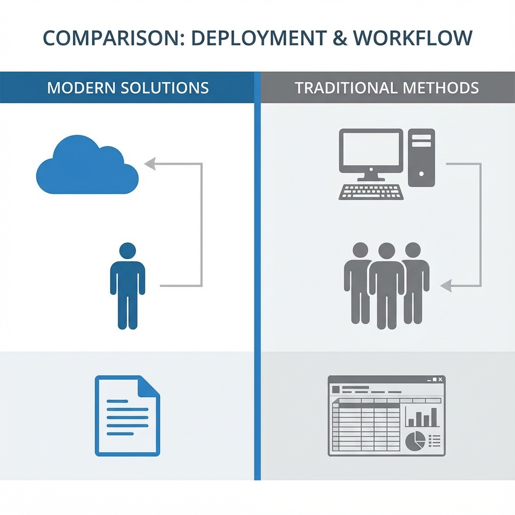 Infographic comparing cloud vs desktop, individual vs team, and simple vs complex document needs for office software