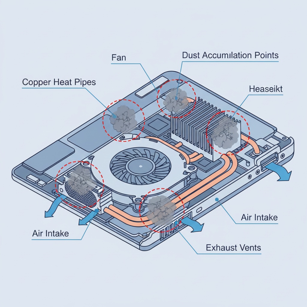 Diagram showing laptop internal cooling system with fan, heatsink, and airflow direction