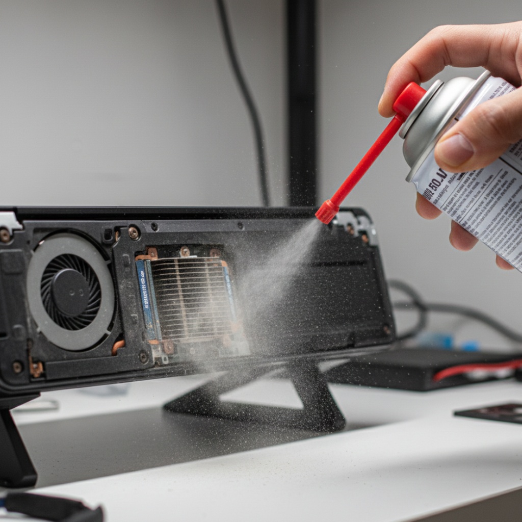 Laptop cooling vent being cleaned with compressed air, showing dust removal