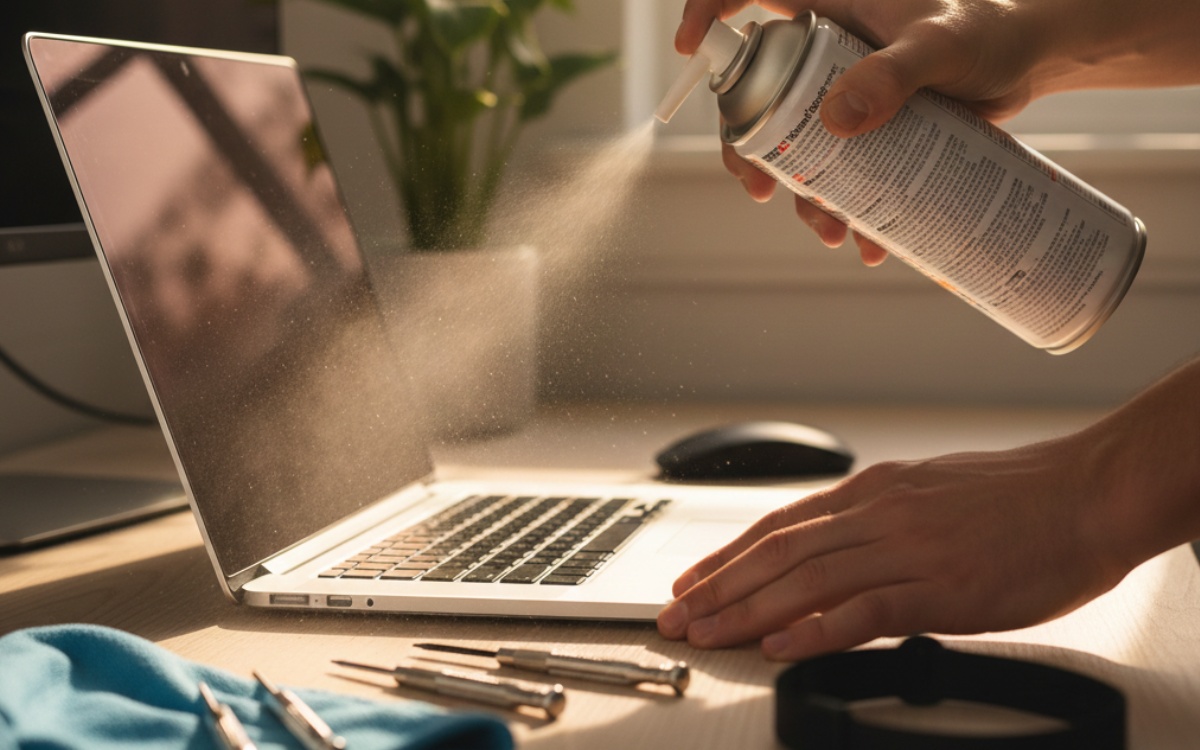 Person cleaning laptop keyboard and vents with compressed air and microfiber cloth on desk