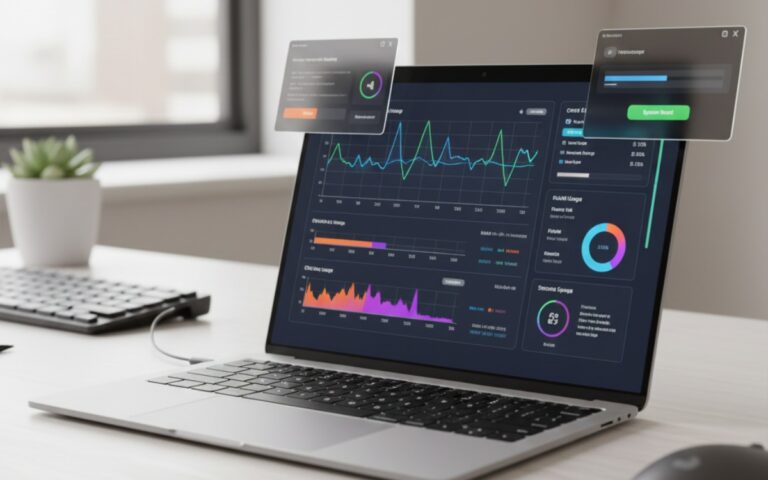 Modern laptop with performance monitoring dashboard showing CPU, RAM, and storage metrics on screen