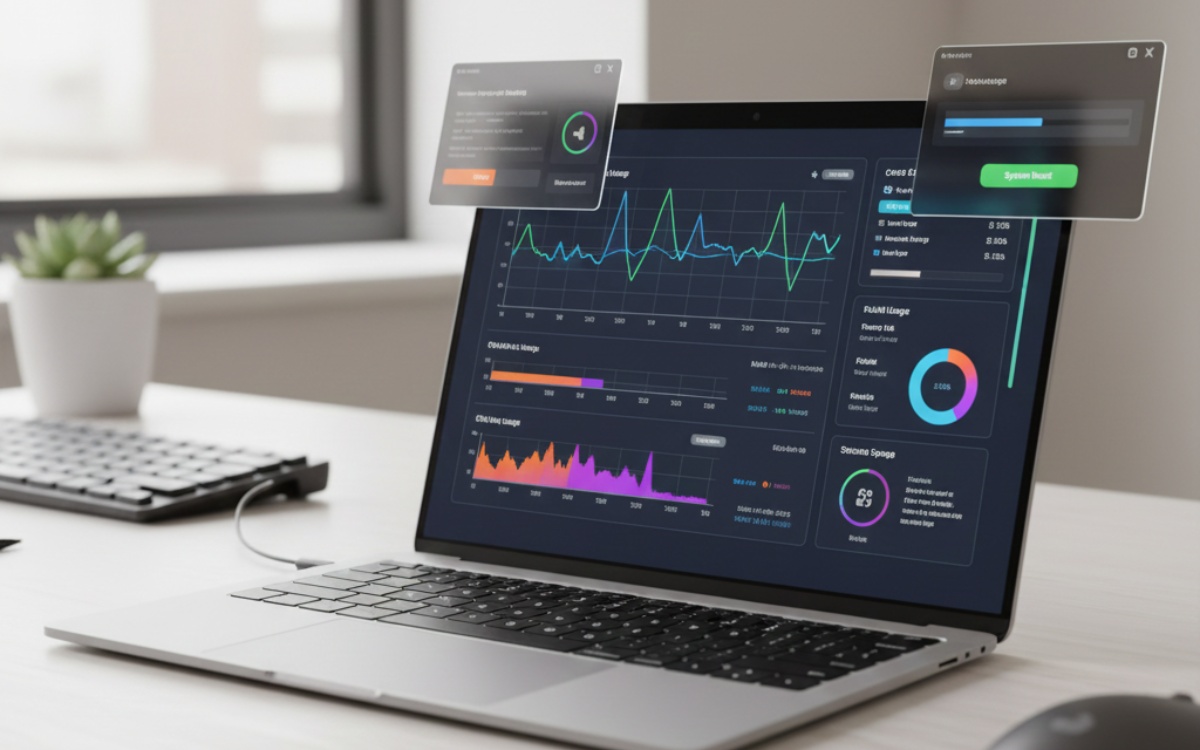 Modern laptop with performance monitoring dashboard showing CPU, RAM, and storage metrics on screen