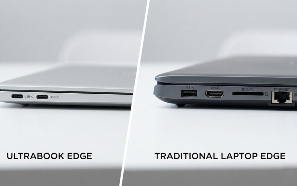 Close-up of laptop ports showing ultrabook limited USB-C versus traditional laptop multiple port options