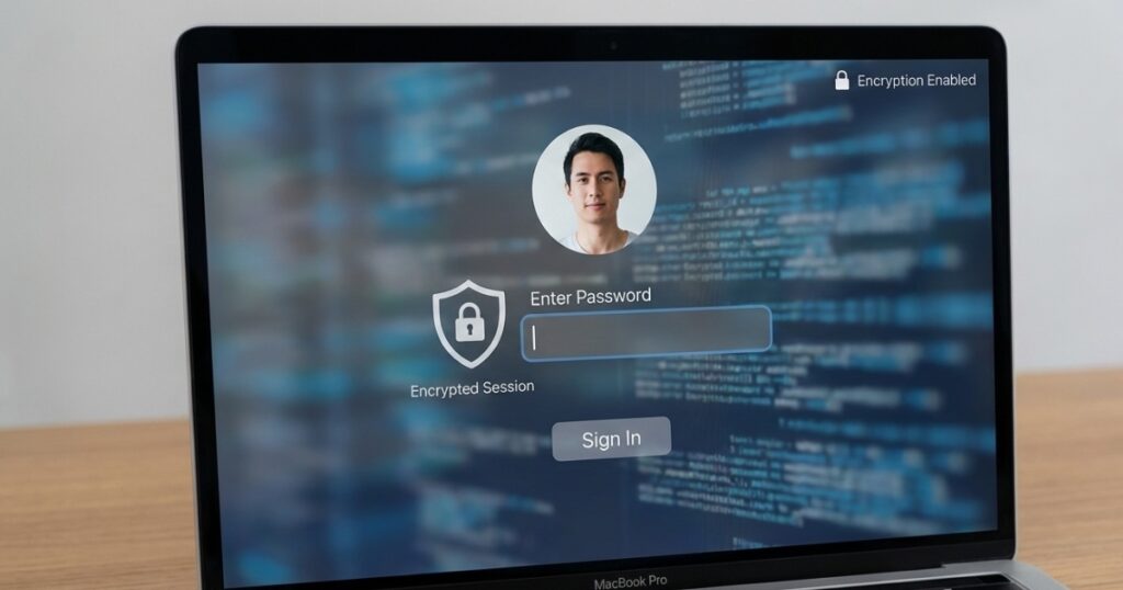 Computer screen showing password login prompt and security settings demonstrating digital protection