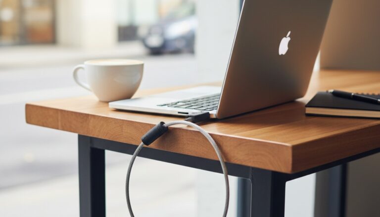 Laptop with security cable lock attached in coffee shop environment showing physical security measures