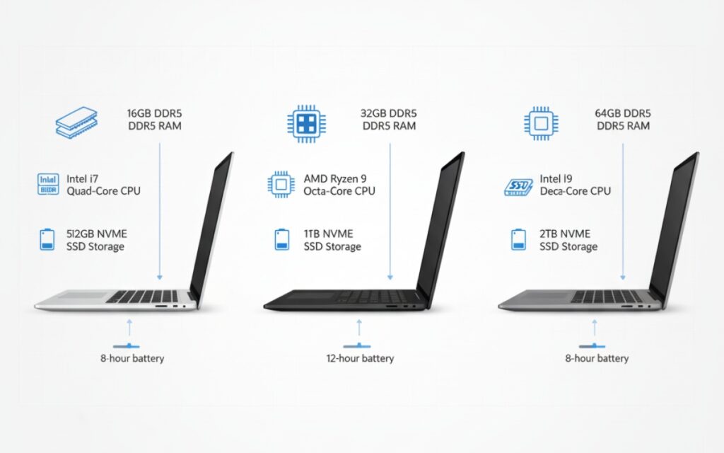 Visual comparison of essential laptop specs including RAM, CPU cores, SSD storage and battery life for developers