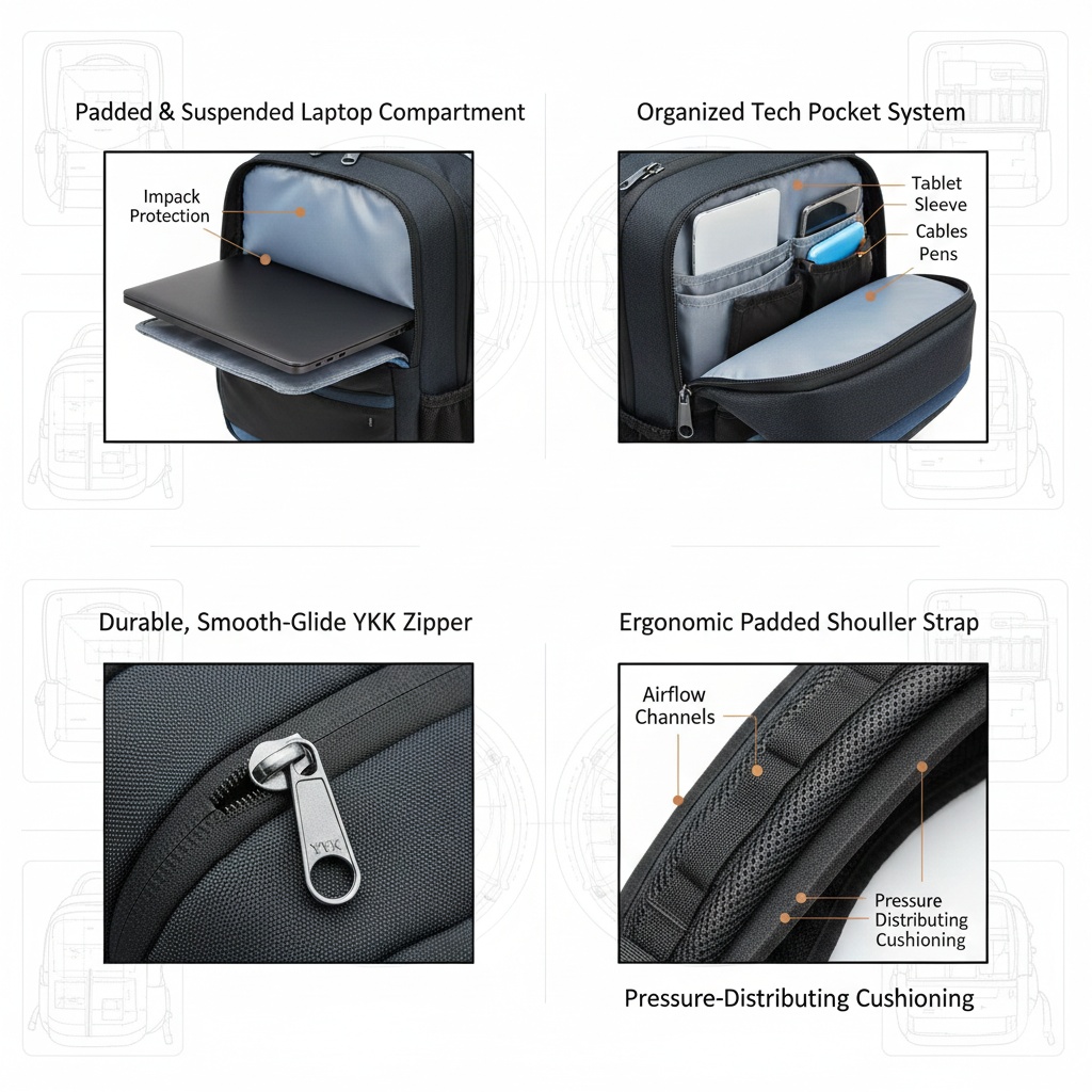 Key features to look for in laptop backpacks including suspended laptop compartment, thick padding, and cable management