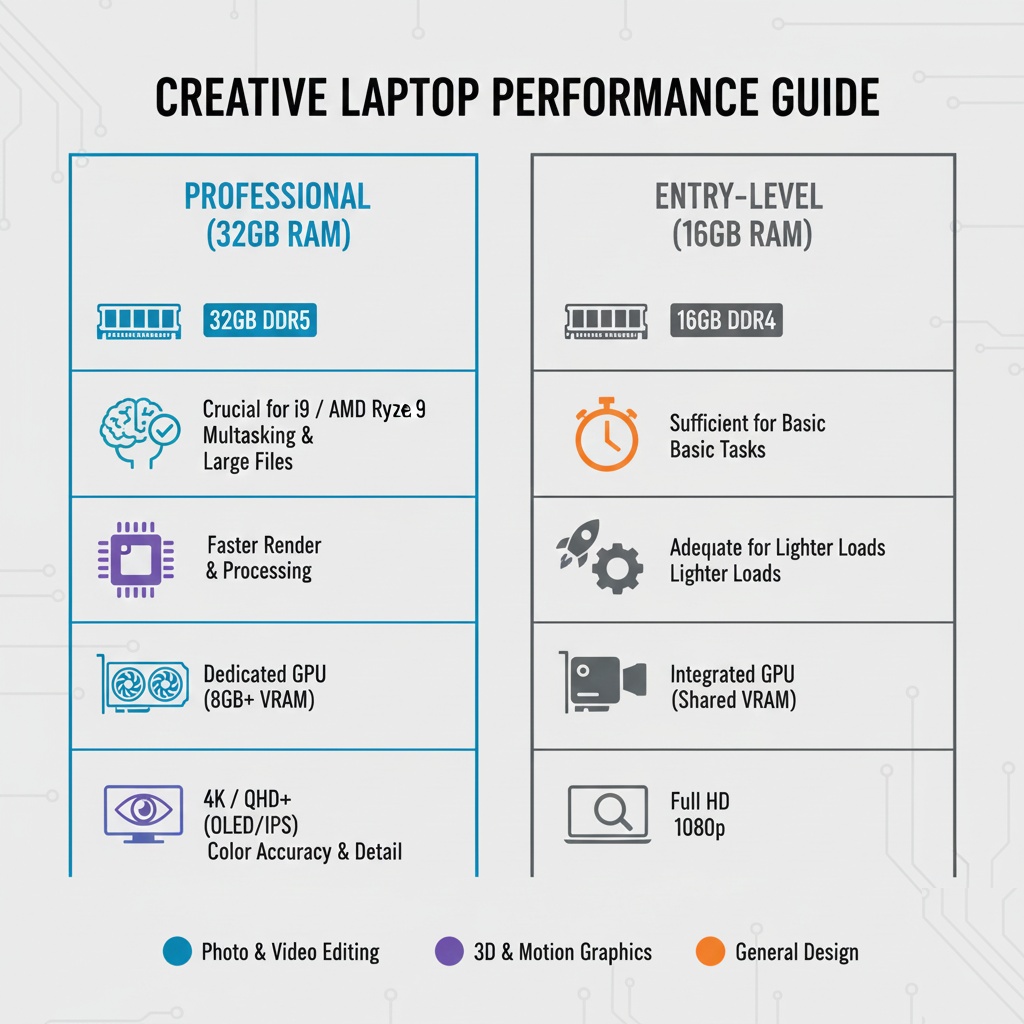 Detailed comparison chart showing RAM, CPU, GPU, and display specifications for creative work laptops