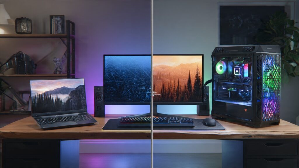 Side-by-side comparison showing modern gaming laptop next to custom-built desktop PC tower with RGB lighting and multiple monitors