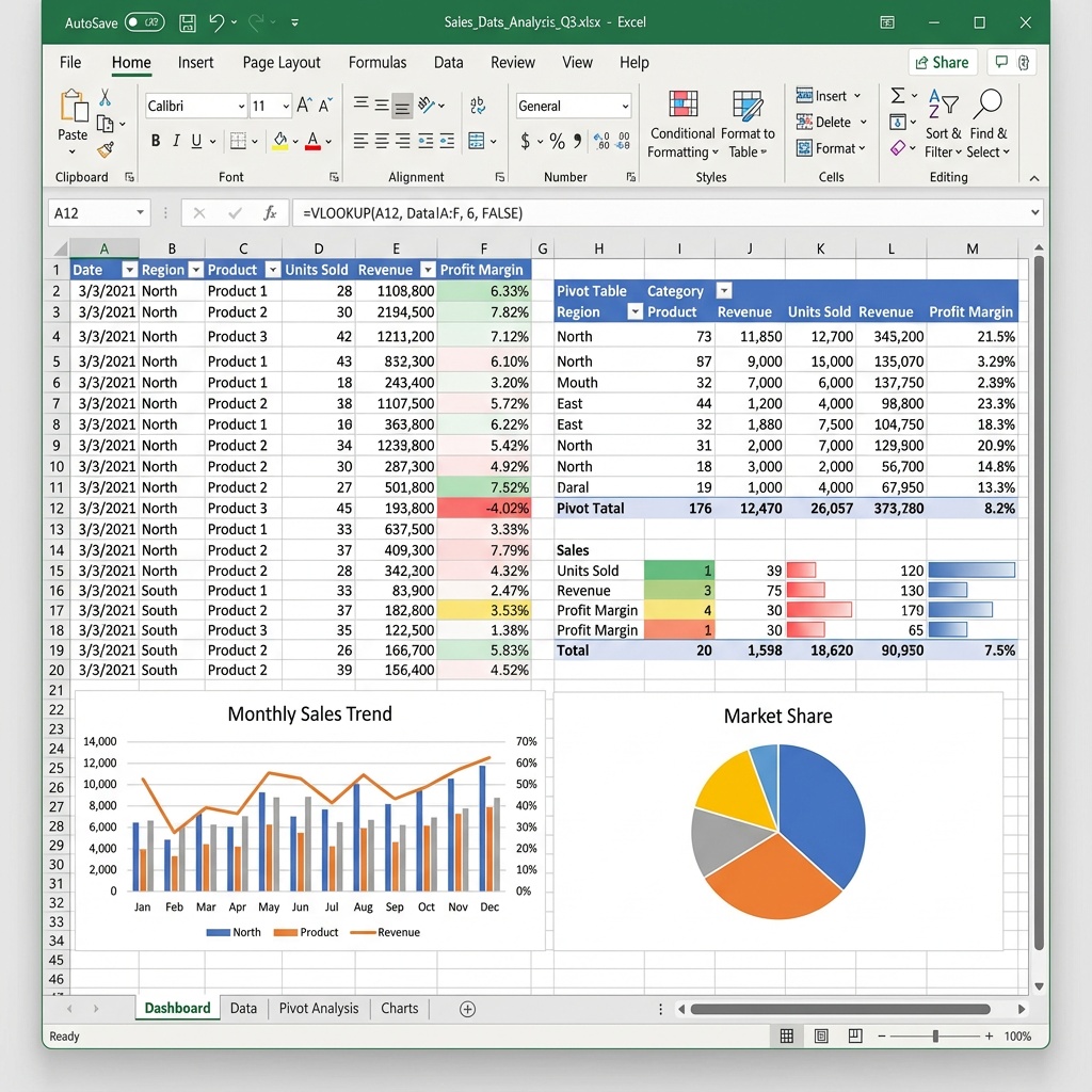 Microsoft Excel 365 showing complex spreadsheet with pivot tables, charts and data analysis tools