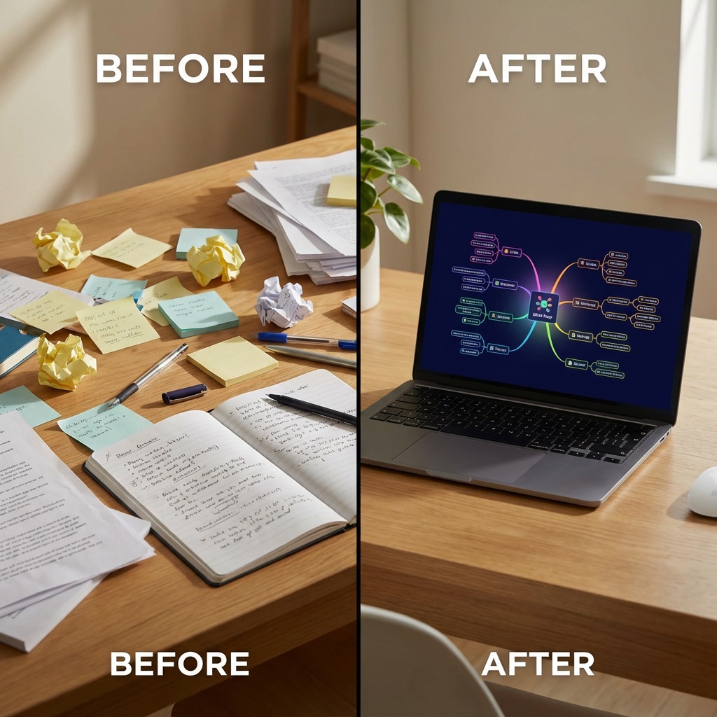 Before and after comparison showing messy brainstorming notes transformed into organized mind map structure