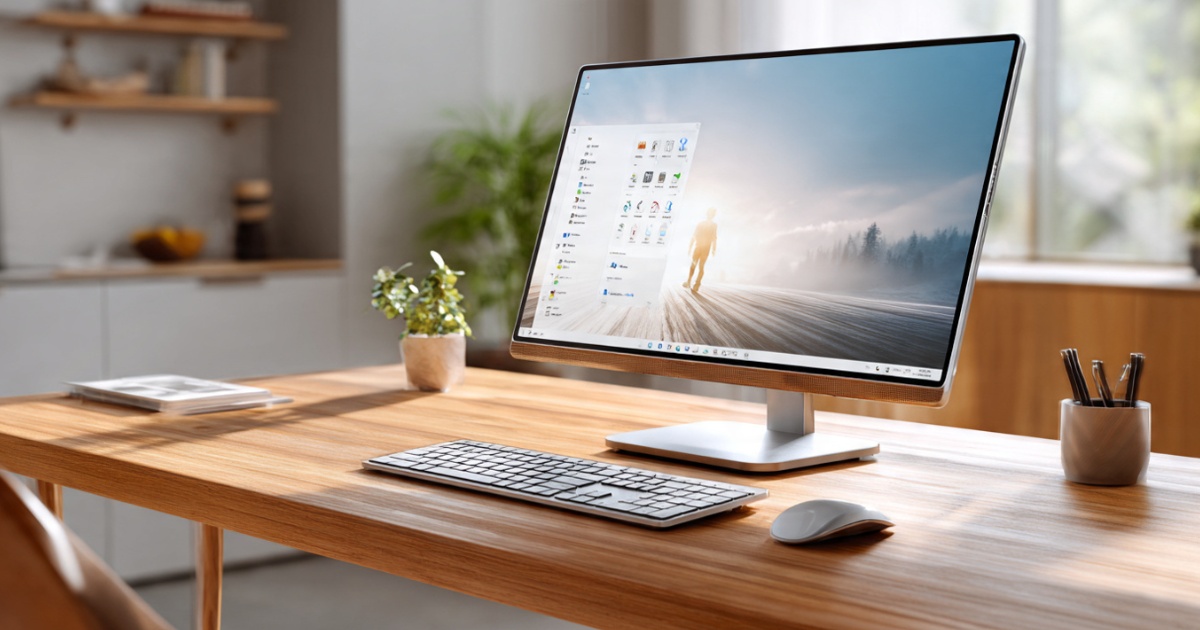 Sleek all-in-one PC on minimalist desk with wireless keyboard and mouse in modern home office