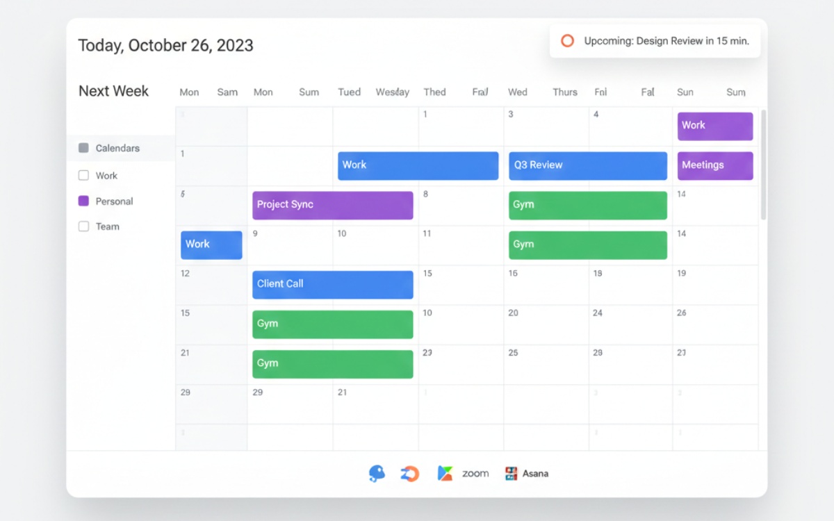 Clean calendar app interface showing weekly view with color-coded events and meeting notifications