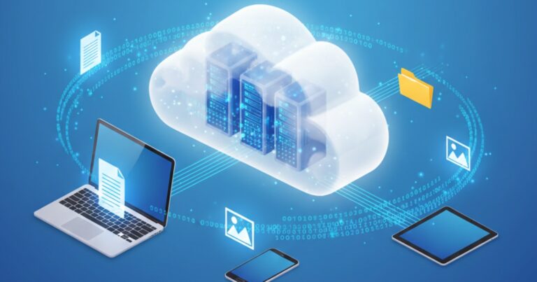 3D illustration of cloud storage servers with glowing data streams connecting laptop, smartphone and tablet devices with floating file icons