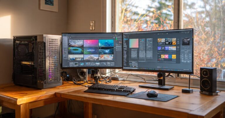 Desktop computer tower next to dual monitors on minimalist desk showing clean cable management