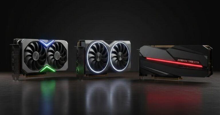 Collection of high-end desktop graphics cards including Nvidia RTX 4090, RTX 4080, and AMD RX 7900 XTX displayed on a dark surface with RGB lighting