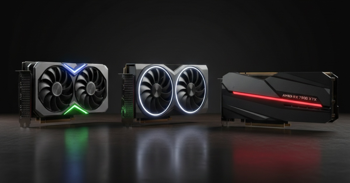 Collection of high-end desktop graphics cards including Nvidia RTX 4090, RTX 4080, and AMD RX 7900 XTX displayed on a dark surface with RGB lighting