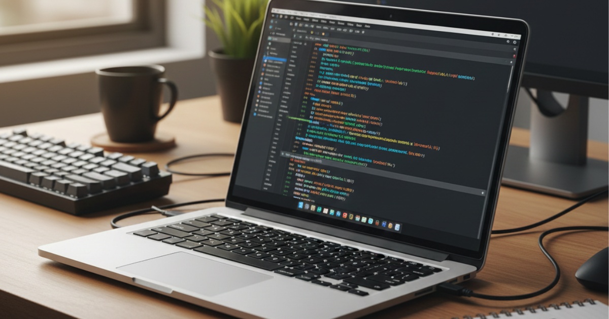 Professional programming laptop on desk with mechanical keyboard, external monitor, and development tools for coding